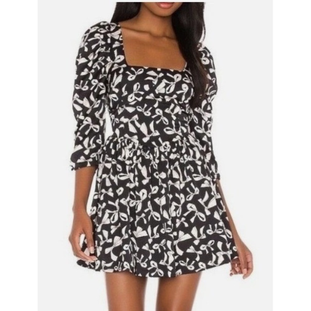 For Love & Lemons Mini Dress Women Small Black White Bow Print Puff Sleeve